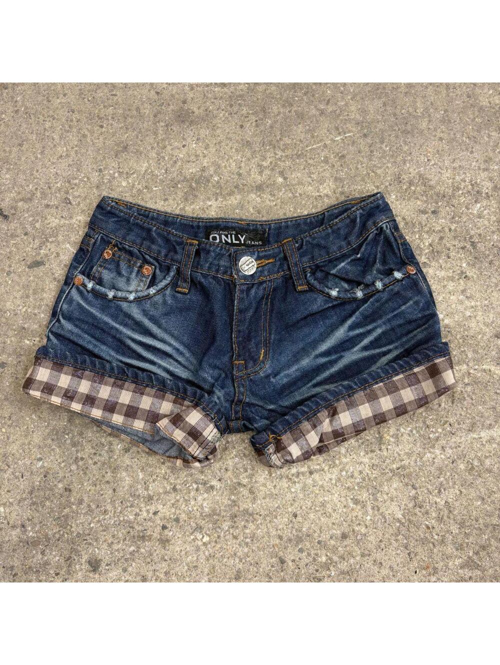 Vintage Y2K Low Rise Denim Micro Shorts DW ONLY Plaid Cuff